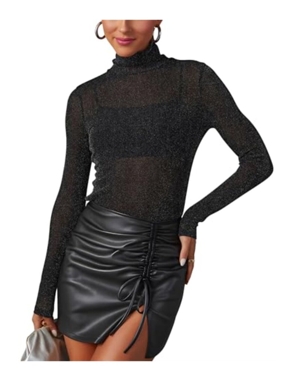 AISEW Sheer Mesh Glitter Turtleneck Long Sleeve Top Women Layering Shirt